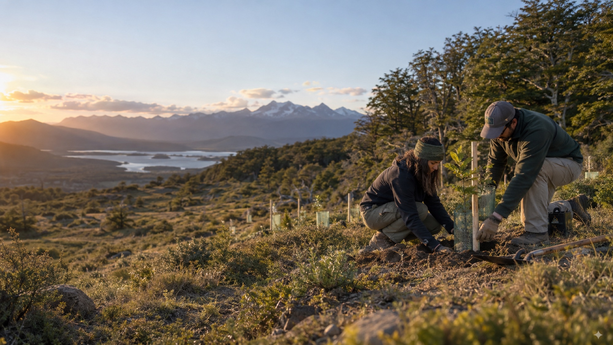 Equipo de restauración plantando un árbol nativo en la Patagonia
