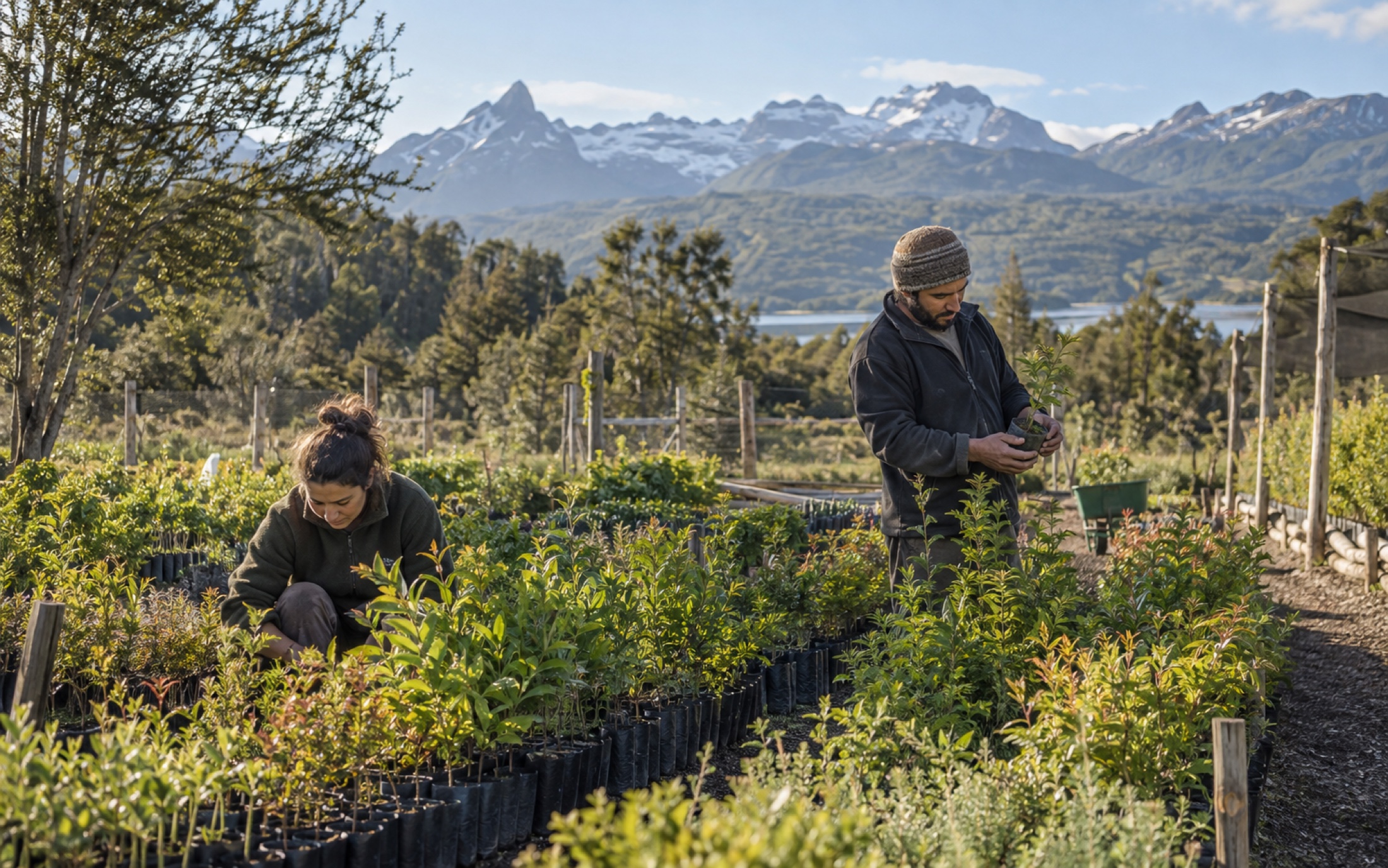 Equipo local cuidando plantines nativos en un vivero patagónico