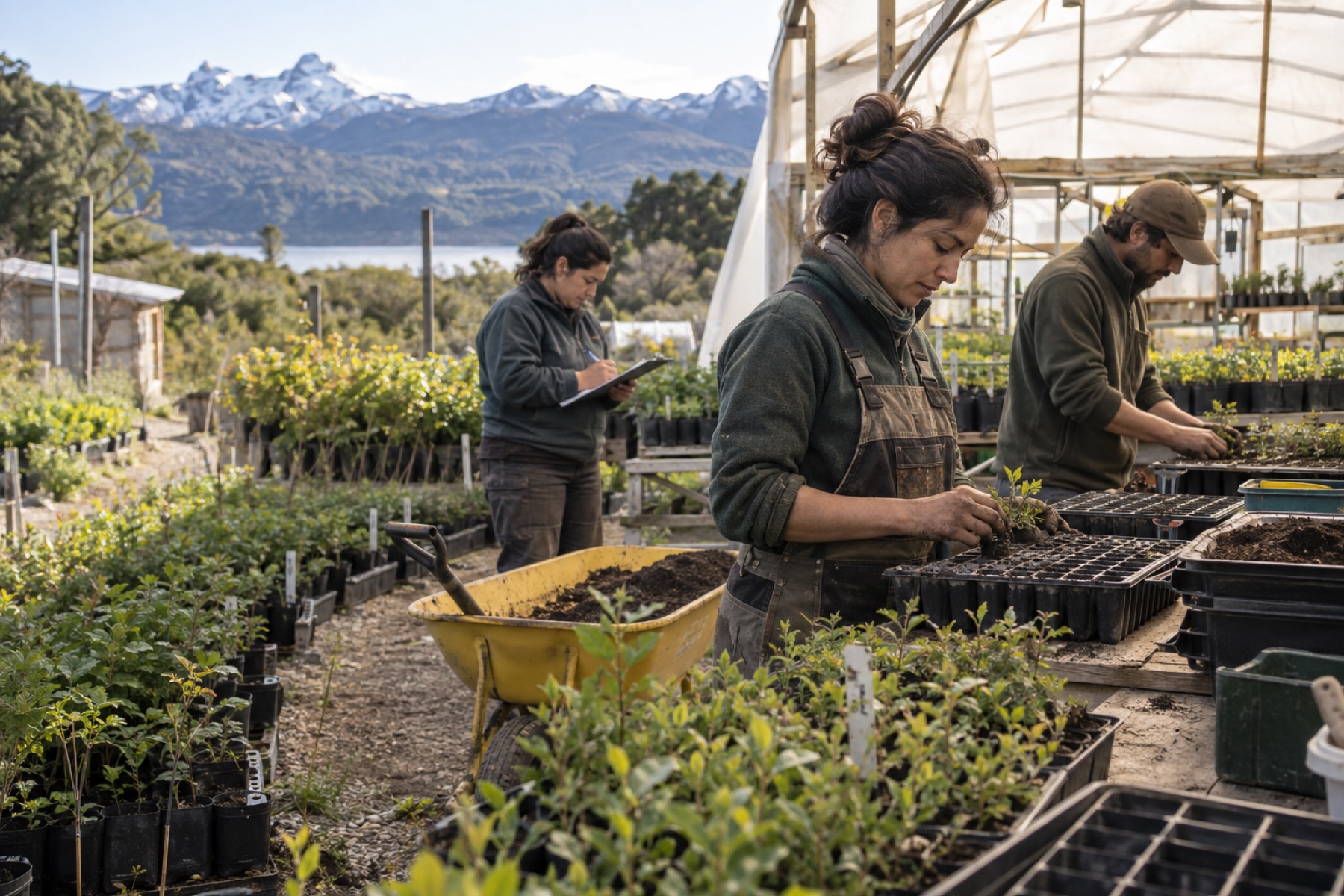 Equipo local trabajando con plantines nativos en un vivero forestal